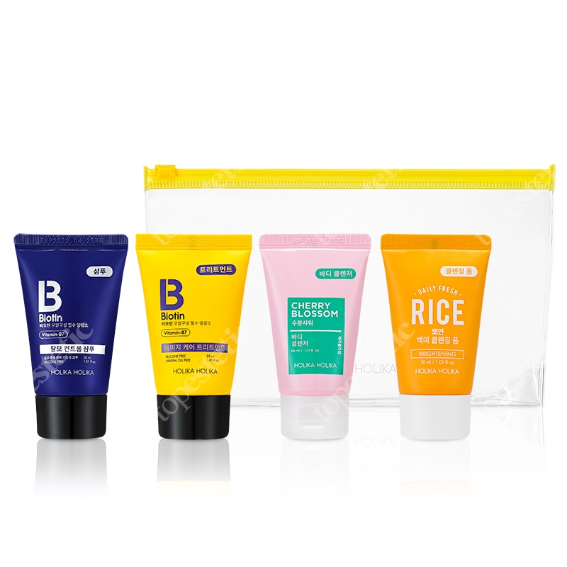 Holika Holika Biotin Travel Kit ZESTAW Szampon do włosów 30 ml + Odżywka do włosów 30 ml + Żel do ciała 30 ml + Pianka do twarzy 30 ml