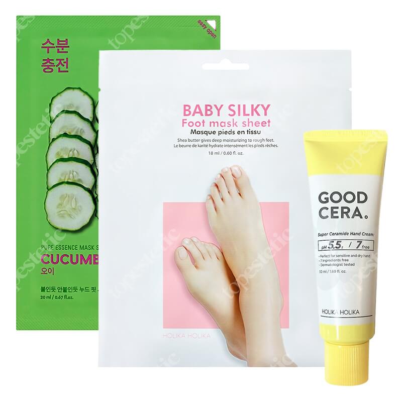 Holika Holika Face, Hand, Foot Care ZESTAW Regenerująca maseczka do stóp 1 szt + Maseczka bawełniana z ekstraktem z ogórka 1 szt. + Głęboko nawilżający krem do rąk 50 ml