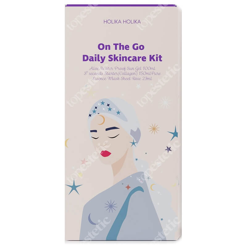 Holika Holika On The Go Daily Skincare Kit ZESTAW Żel przeciwsłoneczny z aloesem SPF 50 100 ml + Serum-starter z kolagenem do twarzy 150 ml + Maseczka bawełniana na twarz 1 szt