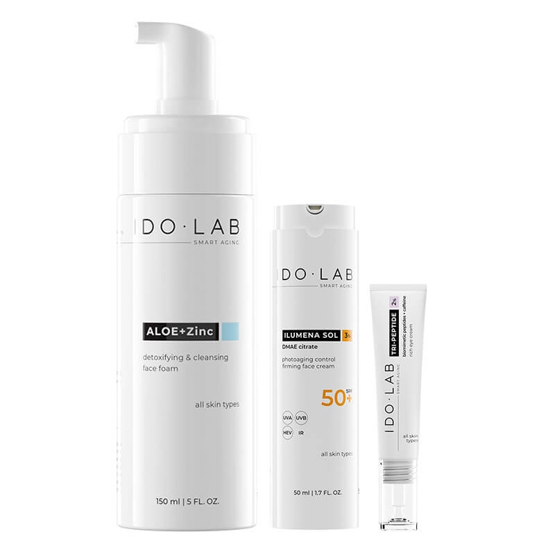 Ido Lab Perfect Start ZESTAW Pianka do mycia twarzy 150 ml + Krem pod oczy 15 ml + Krem SPF 50+ 50 ml