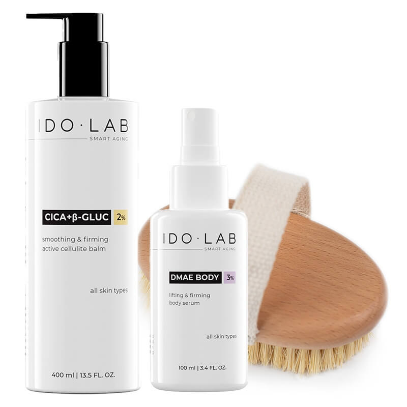 Ido Lab Pielęgnacja Antycellulitowa do Ciała ZESTAW Ujędrniające i poprawiające napięcie skóry serum do ciała 100 ml + Balsam antycellulitowy 400 ml + Szczotka do ciała 1szt