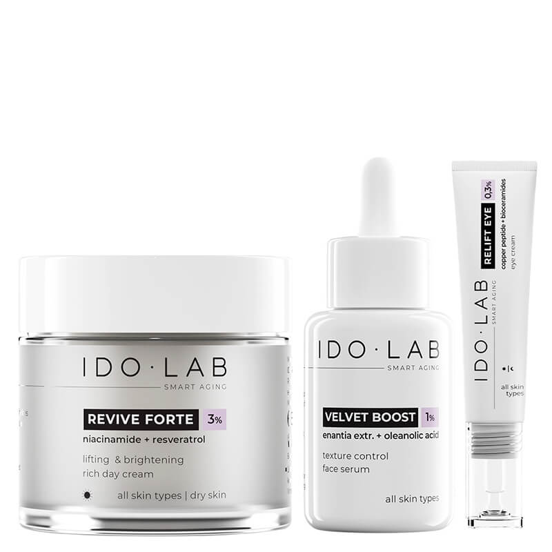 Ido Lab Pielęgnacja Liftingująco - Rozjaśniająca ZESTAW Liftingujący i rozjaśniający krem na dzień 50 ml + Wygładzające i rozjaśniające serum 30 ml + Rewitalizujący krem pod oczy 15 ml