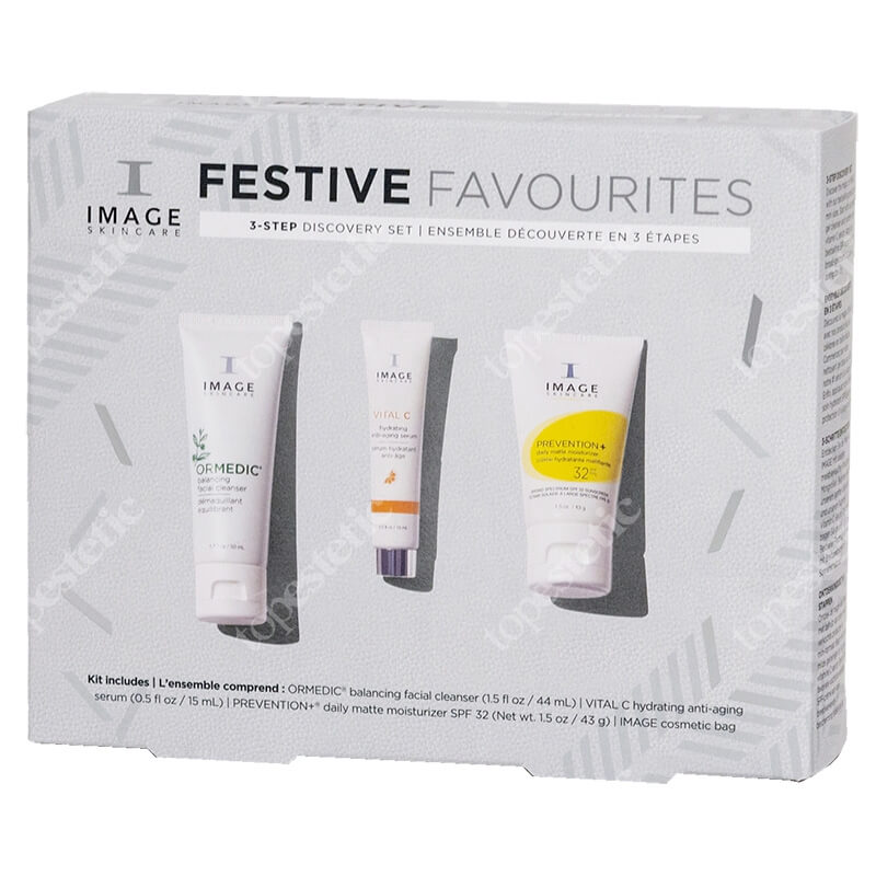 Image Skincare Festive Favourites ZESTAW Delikatny preparat oczyszczający 50 ml + Lekki krem z 15% wit. C, 15 ml + Krem ochronny SPF 32 43g + Kosmetyczka