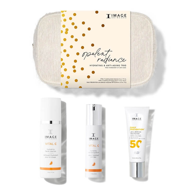 Image Skincare Opulent Radiance Hydrating and Anti - Aging Trio ZESTAW Preparat oczyszczający z 12% wit. C 177 ml + Nawilżające i wygładzające zmarszczki serum 50 ml + Krem SPF50, 73 g