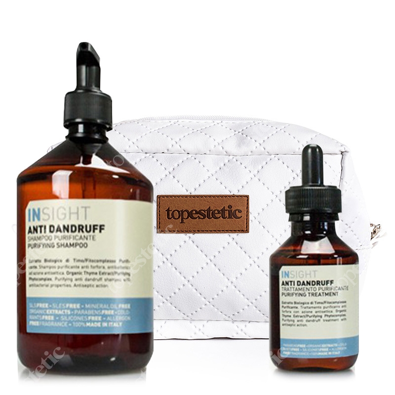InSight Anti Dandruff Purifying Treatment + Anti Dandruff Purifying Shampoo + Kosmetyczka ZESTAW Lotion przeciwłupieżowy 100 ml + Szampon przeciwłupieżowy 400 ml + Biała, pikowana kosmetyczka