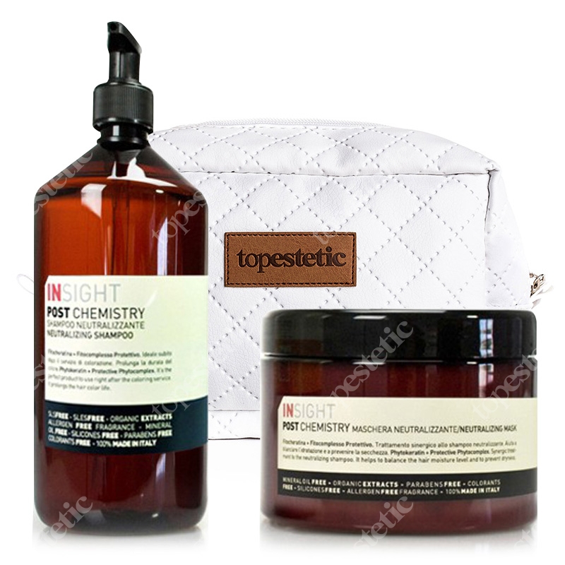 InSight Post Chemistry Neutralizing Mask + Post Chemistry Neutralizing Shampoo + Kosmetyczka ZESTAW Maska do pielęgnacji po zabiegach chemicznych 500 ml + Szampon do pielęgnacji po zabiegach chemicznych 900 ml + Biała, pikowana kosmetyczk