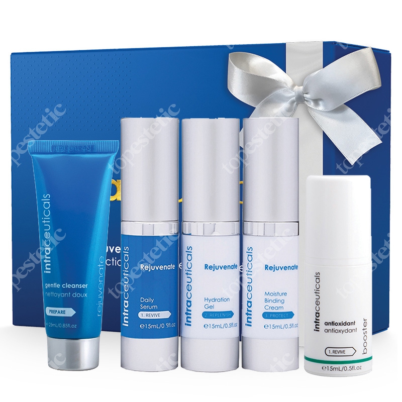Intraceuticals Rejuvenate Travel Set ZESTAW Płyn oczyszczający 25 ml + Codzienne serum 15 ml + Żel nawadniający 15 ml + Krem wiążący wilgoć 15 ml + Wzmacniacz domowy 15 ml