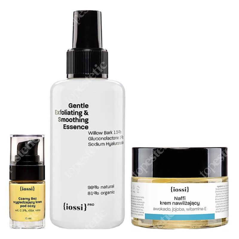 Iossi Essence + Czarny Bez + Naffi ZESTAW Esencja złuszczająco-wygładzająca 100 ml + Krem pod oczy. Wit. C 3%, róża, wino 15 ml + Krem nawilżający 50 ml