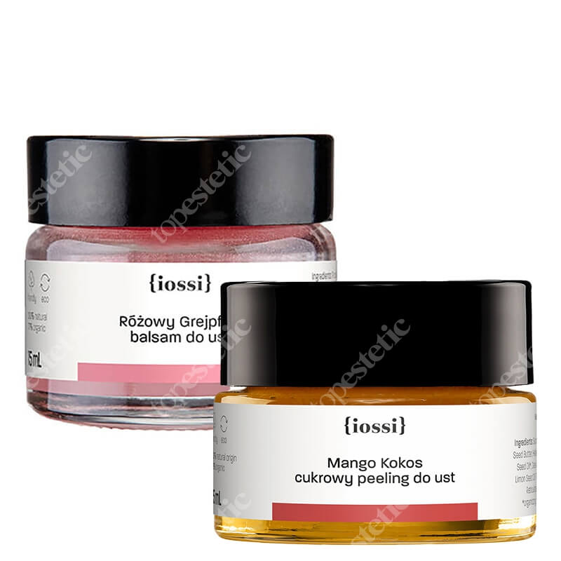 Iossi Mango Kokos + Różowy Grejpfrut ZESTAW Cukrowy peeling do ust z woskiem pszczelim 15 ml + Balsam do ust 15 ml
