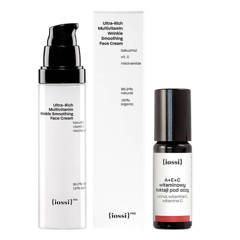 Iossi Multivitamin Face Set ZESTAW Witaminowy koktajl pod oczy. Retinol, wit. E i C (metalowa kulka) 10 ml + Wygładzający, bogaty krem do twarzy z wit. C, B3 i E, 50 ml