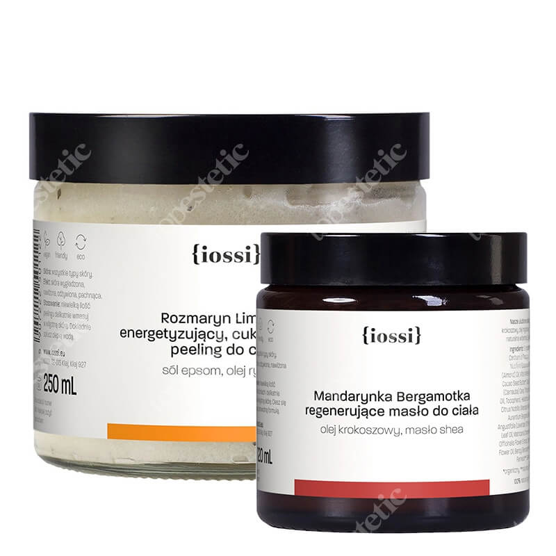Iossi Rozmaryn Limonka + Mandarynka Bergamotka ZESTAW Energetyzujący peeling cukrowy do ciała 250 ml + Aromatyczne masło do ciała z olejem krokoszowym 120 ml