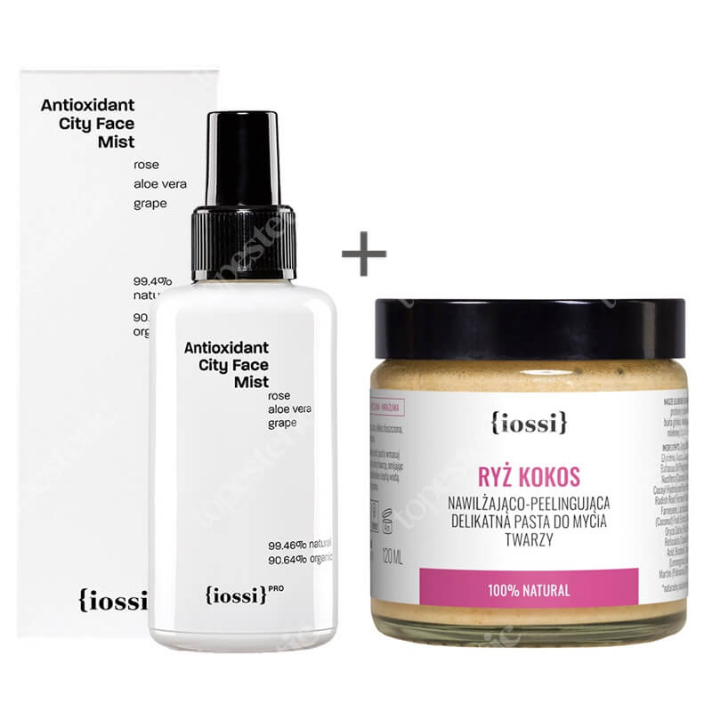 Iossi Ryż Kokos + Antioxidant City Face Mist ZESTAW Peelingująca pasta do mycia twarzy 120 ml + Antyoksydacyjna mgiełka do twarzy, szyi i dekoltu z hydrolatem z róży 100 ml