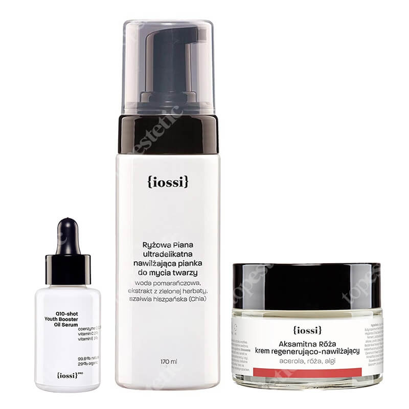 Iossi Ryżowa Piana + Q10 Shot + Aksamitna Róża ZESTAW Pianka do mycia 170 ml + Serum z koenzymem Q10, wit. C i E, 30 ml + Krem regenerująco-nawilżający 50 ml
