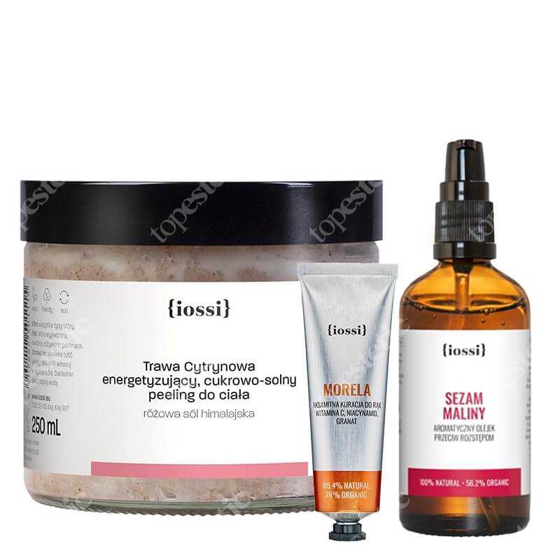 Iossi Sezam Maliny + Trawa Cytrynowa + Morela ZESTAW Olejek przeciw rozstępom 100 ml + Peeling cukrowy do ciała 250 ml + Krem do rąk z wit. C, niacynamidem i granatem 50 ml