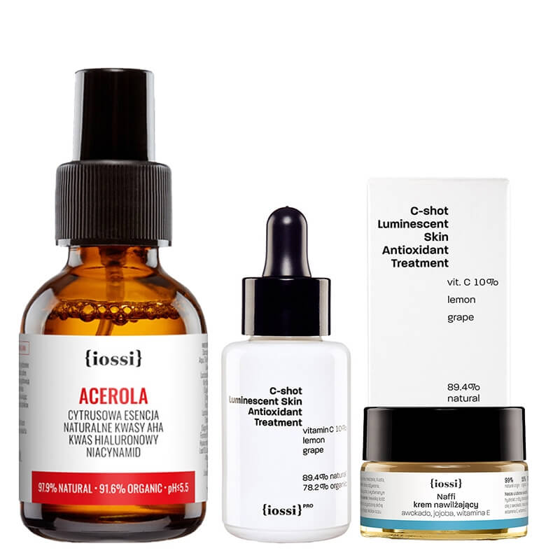 Iossi Smoothing and Shine Set ZESTAW Cytrusowa esencja 50 ml + Serum do twarzy z witaminą C 30 ml + Krem nawilżający 50 ml