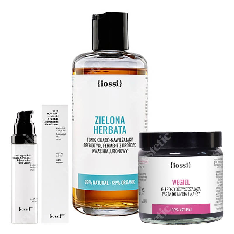 Iossi Węgiel + Zielona Herbata + Peptydy ZESTAW Oczyszczająca pasta do mycia 120 ml + Tonik kojąco-nawilżający 200 ml + Krem do twarzy z peptydem z czerwonej algi 50 ml