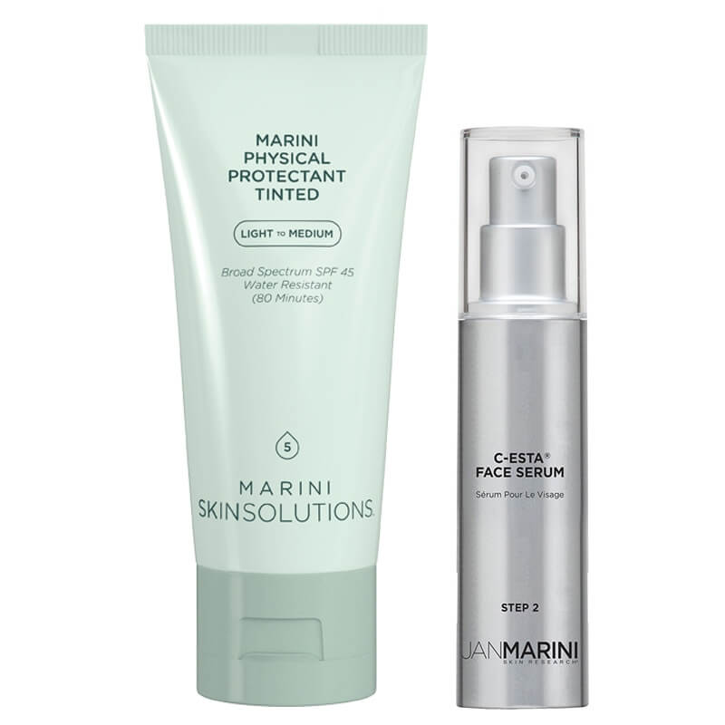 Jan Marini Codzienna Pielęgnacja Rozświetlająca ZESTAW Serum do twarzy z witaminą C i DMAE 30 ml + Krem ochronny koloryzujący, 57 g