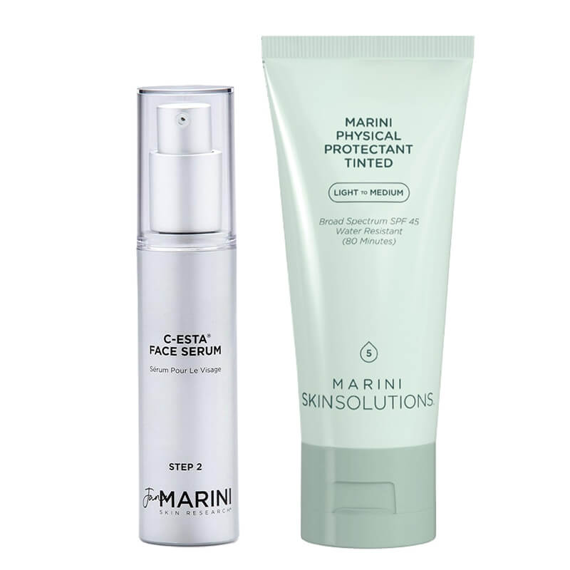 Jan Marini Codzienna Pielęgnacja Rozświetlająca ZESTAW Serum do twarzy z witaminą C i DMAE 30 ml + Krem ochronny koloryzujący, 57 g