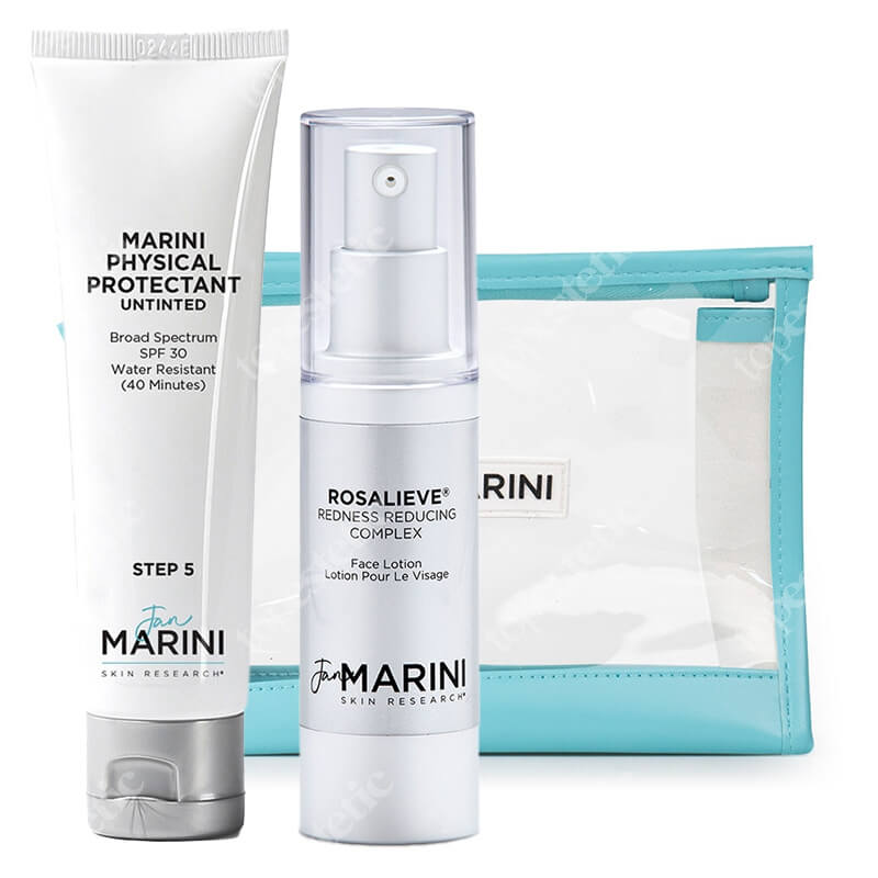 Jan Marini RosaLieve + Marini Physical Protectant Untinted SPF 30 + Kosmetyczka ZESTAW Lotion redukujący zaczerwienienia 30 ml + Krem ochronny 57 g