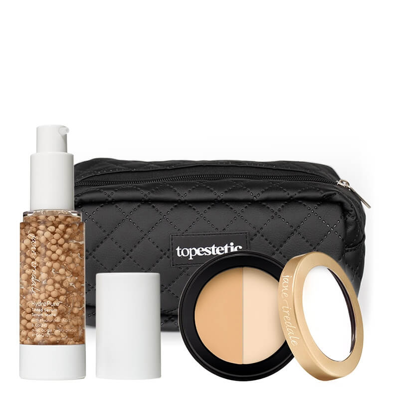 Jane Iredale Circle\\Delete Concealer + HydroPure Tinted Serum + Kosmetyczka Topestetic ZESTAW Korektor pod oczy 2,8 g (kolor Yellow) + Minerały w płynie (kolor Light 2) 30 ml + Kosmetyczka 1 szt