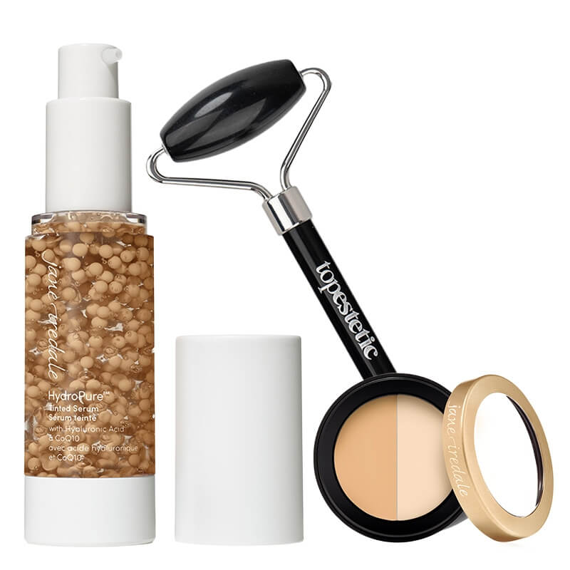 Jane Iredale Circle\\Delete Concealer + HydroPure Tinted Serum + Roller Topestetic ZESTAW Korektor pod oczy 2,8 g (kolor Yellow) + Minerały w płynie (kolor Light to Medium 3) 30 ml + Roller obsydian 1 szt