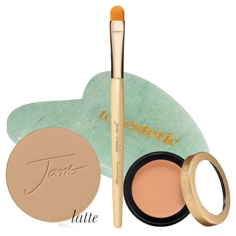 Jane Iredale Enlighten Concealer 1 + Camouflage + Mineral Foundation SPF 20 Refill + Gua Sha Topestetic ZESTAW Korektor 2,8 g + Pędzelek do kamuflażu + Mineralny puder prasowany (kolor Latte) wkład 9,9 g + Gua sha jadeit 1 szt