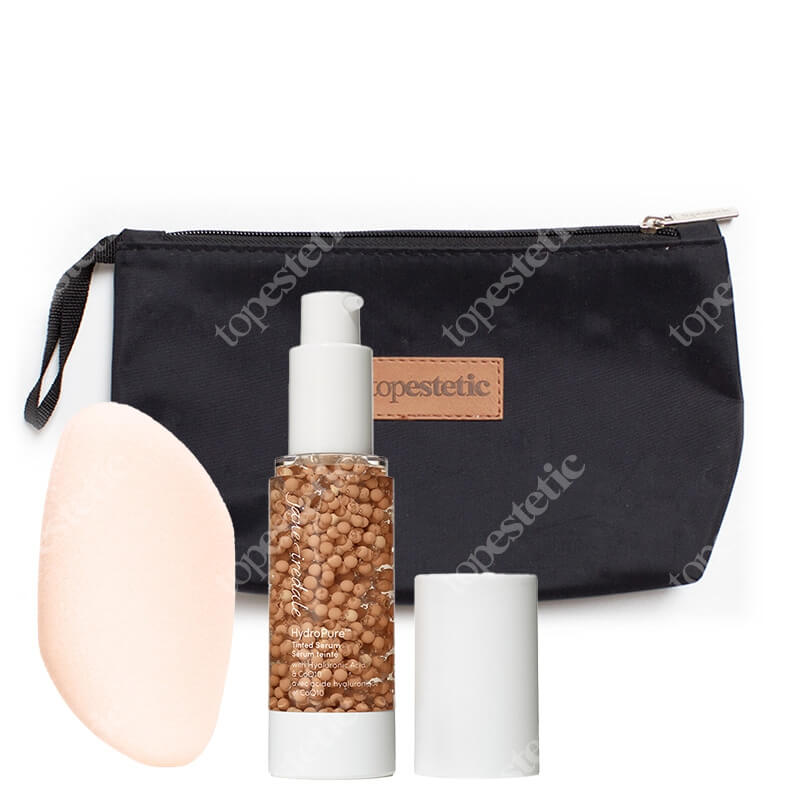 Jane Iredale Flocked Sponge + HydroPure Tinted Serum ZESTAW Gąbeczka do makijażu + Minerały w płynie (kolor Medium 4) 30 ml + Kosmetyczka 1 szt