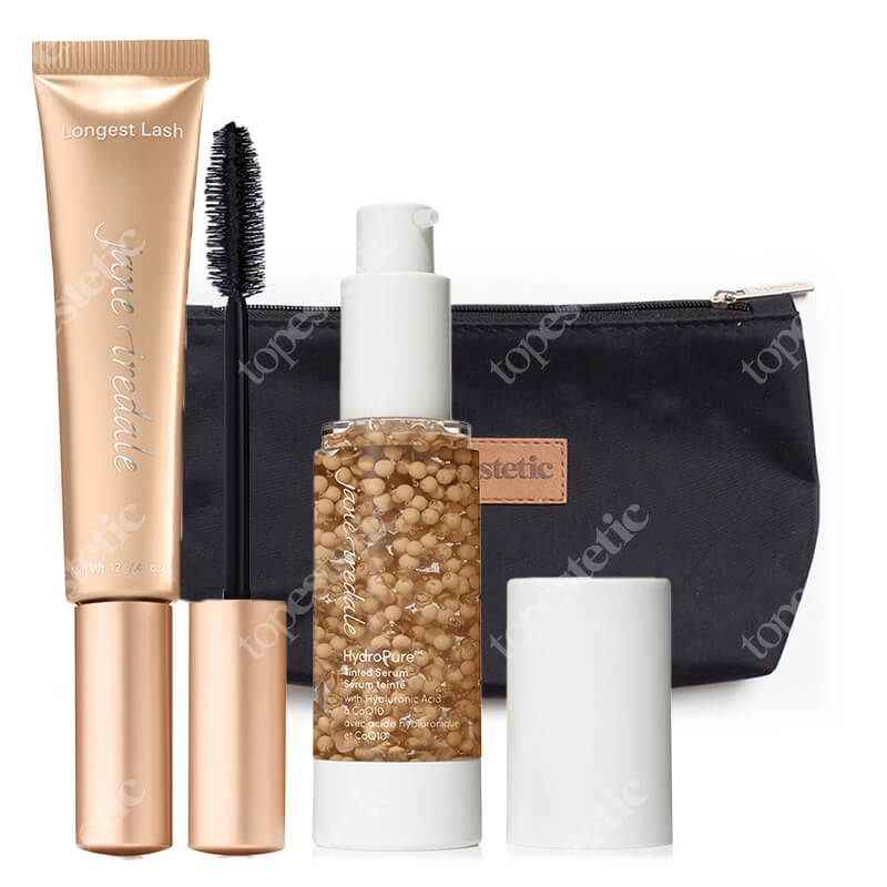 Jane Iredale HydroPure Tinted Serum + Longest Lash Mascara ZESTAW Minerały w płynie (kolor Light to Medium 3) 30 ml + Tusz do rzęs 12 g (kolor Black Ice) + Kosmetyczka 1 szt