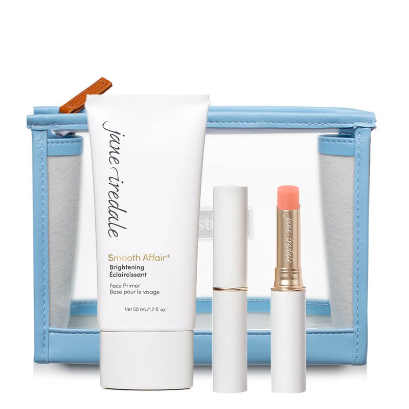Jane Iredale Just Kissed + Facial Primer Brightener ZESTAW Pomadka (Forever Pink) 3 g + Rozjaśniająco-wygładzająca baza 50 ml + Kosmetyczka 1 szt