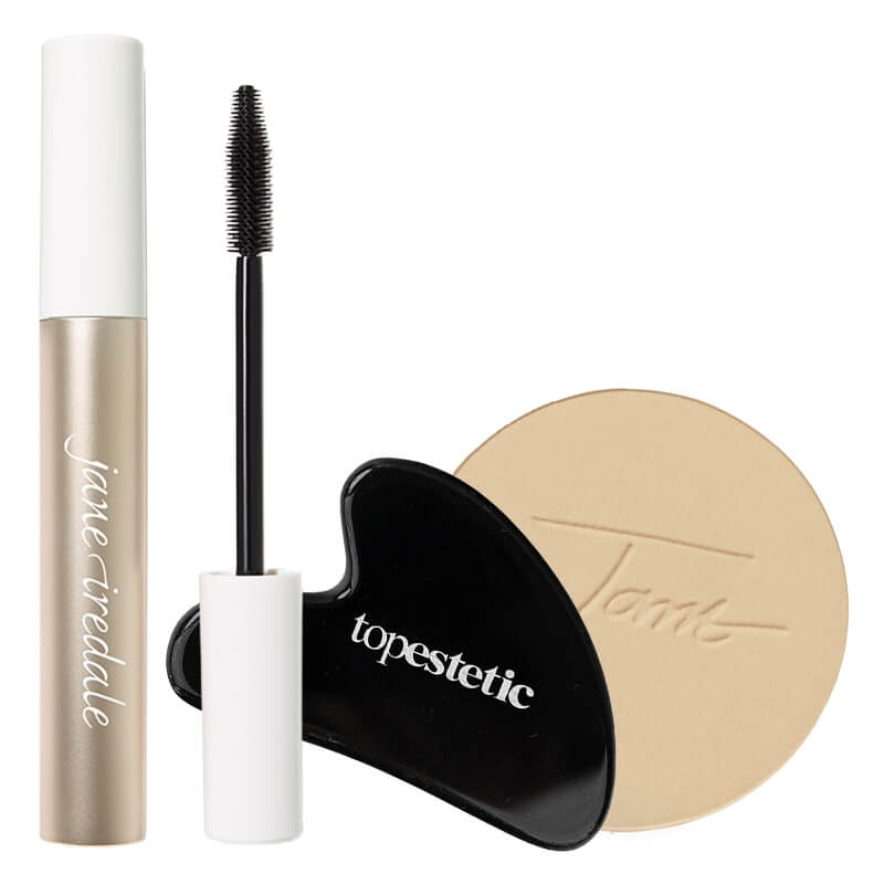 Jane Iredale Lash Fixation + Mineral Foundation SPF 20 Refill + Gua Sha Topestetic ZESTAW Tusz do rzęs 9g (kolor Black) + Puder prasowany - Wkład 9,9 g (kolor Warm Sienna) + Gua sha obsydian 1 szt