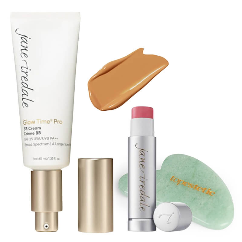 Jane Iredale Lip Drink SPF 15 + Glow Time Pro BB Cream SPF 25 + Gua Sha Topestetic ZESTAW Balsam do ust 4 g (kolor Flirt) + Lekki krem BB (kolor GT 9) 40 ml + Gua sha jadeit 1 szt