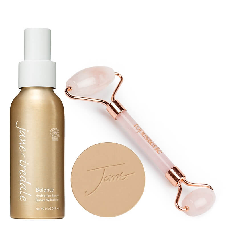 Jane Iredale Mineral Foundation SPF 20 Refill + Balance Hydration Spray + Roller Topestetic ZESTAW Puder prasowany (kolor Golden Glow) wkład 9,9 g + Woda do twarzy 90 ml + Roller różowy kwarc 1 szt