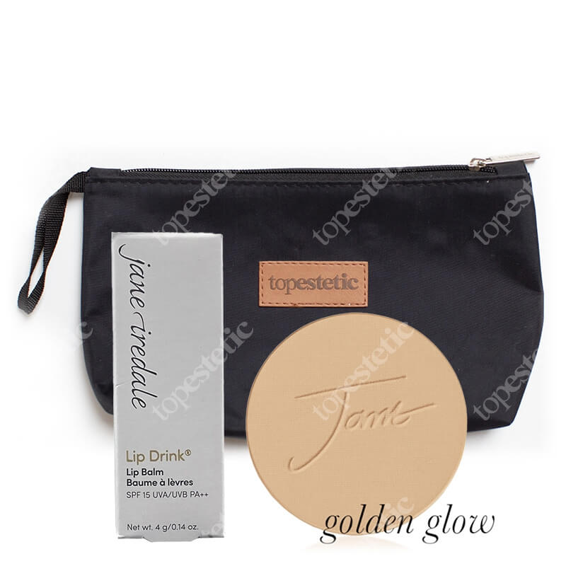Jane Iredale PurePressed Base Mineral Foundation SPF 20 Refill + Lip Drink SPF 15 ZESTAW Puder prasowany (kolor Golden Glow) wkład 9,9 g + Balsam do ust 4 g (kolor Flirt) + Kosmetyczka 1 szt
