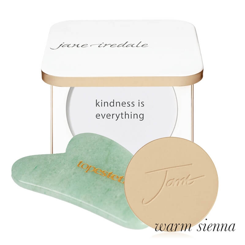 Jane Iredale Mineral Foundation SPF 20 Refill + Refillable Compact + Gua Sha Topestetic ZESTAW Puder prasowany (kolor Warm Sienna) wkład 9,9 g + Puderniczka (kolor biały) 1 szt + Gua sha jadeit 1 szt