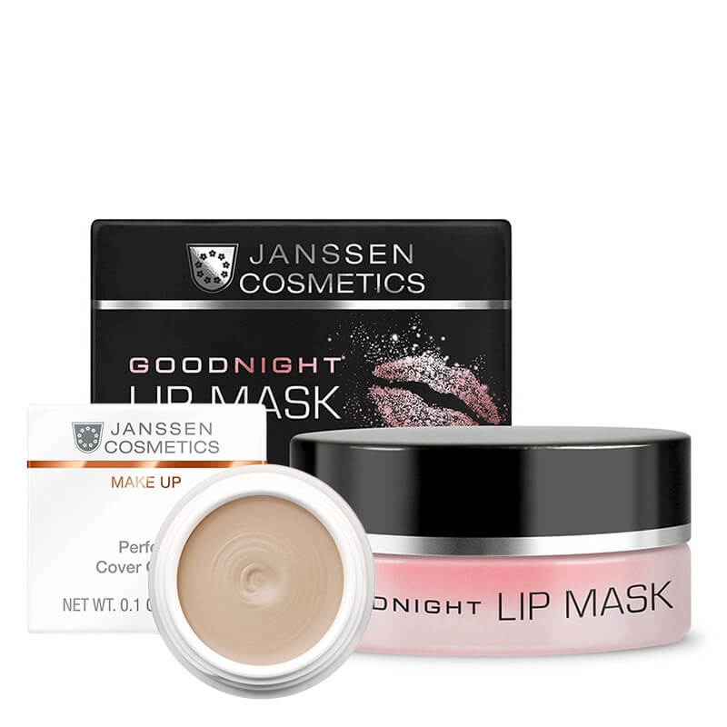 Janssen Cosmetics Perfect Cover Cream + Goodnight Lip Mask ZESTAW Kamuflaż - korektor (kolor 04) 5 ml + Maska wygładzająca i wypełniająca usta 15 ml