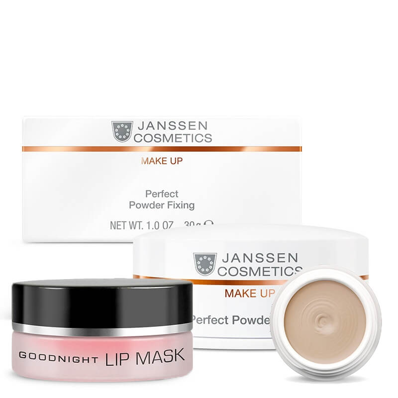 Janssen Cosmetics Perfect Set ZESTAW Kamuflaż - korektor (kolor 04) 5 ml + Puder transparentny/utrwalający 30 g + Maska wygładzająca i wypełniająca usta 15 ml