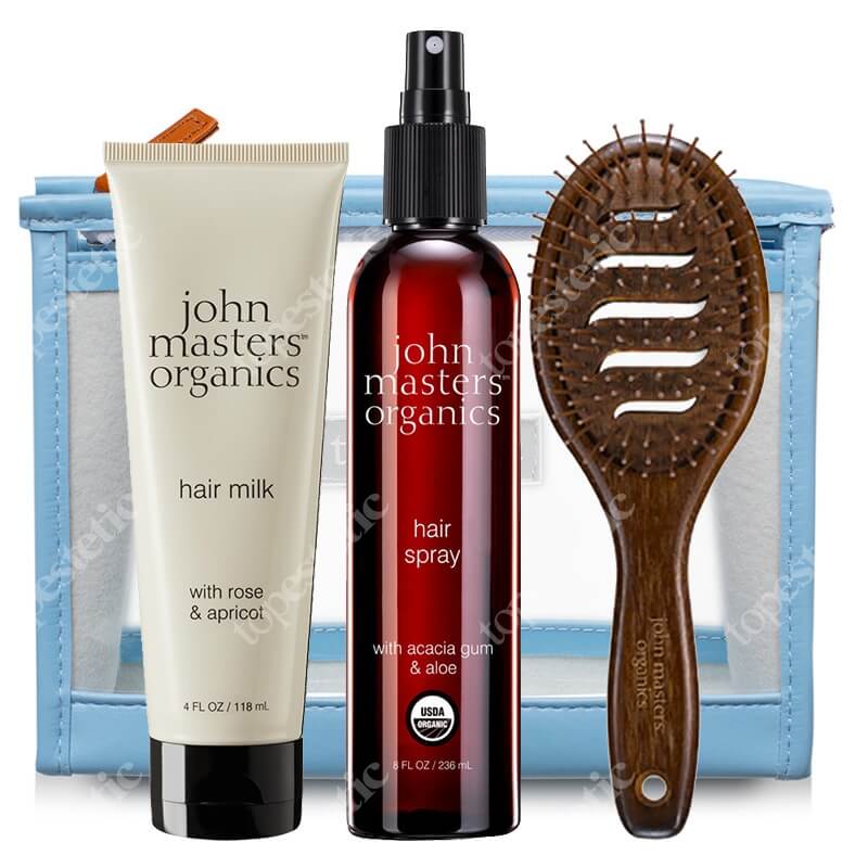 John Masters Organics Stylizacja (ochrona przed temperaturą, utrwalenie) ZESTAW Mleczko 118 ml + Spray 236 ml + Szczotka + Kosmetyczka