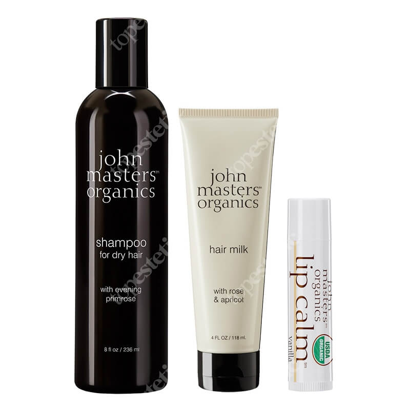 John Masters Organics Włosy Suche ZESTAW Szampon do włosów suchych z wieczornym pierwiosnkiem 236 ml + Mleczko do włosów z różą i morelą 118 ml + Balsam do ust - Wanilia 4 g