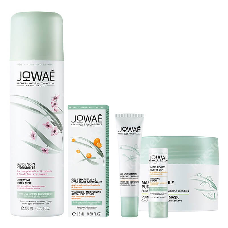 Jowae Bestseller Set ZESTAW Maska z glinką 50 ml + Witaminowy żel pod oczy 15 ml + Balsam do ust 4 g + Mgiełka 200 ml