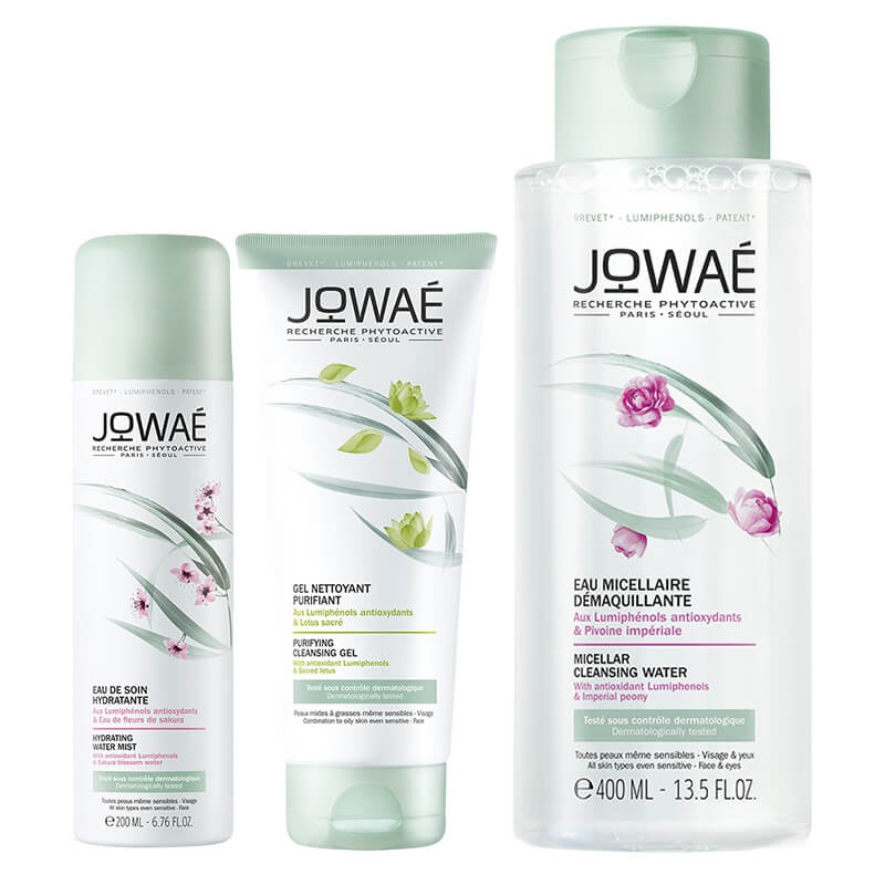 Jowae Clean Routine ZESTAW Woda micelarna do demakijażu 400 ml + Oczyszczający żel myjący 200 ml + Pielęgnująca woda nawilżająca w sprayu 200 ml