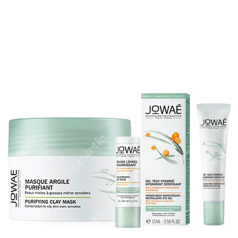 Jowae Face Care ZESTAW Maska z glinką 50 ml + Balsam do ust 4 g + Witaminowy żel pod oczy 15 ml