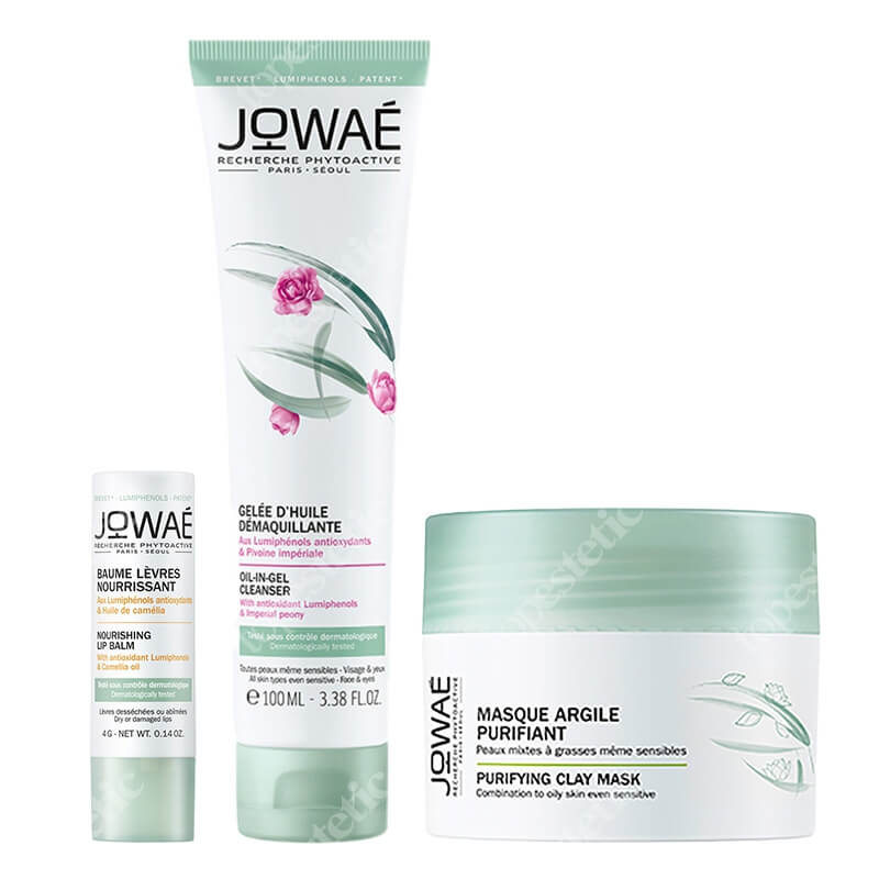 Jowae Favorite Set ZESTAW Oczyszczający olejek w żelu 100 ml + Oczyszczająca maska z glinką 50 ml + Odżywczy balsam do ust 4 g