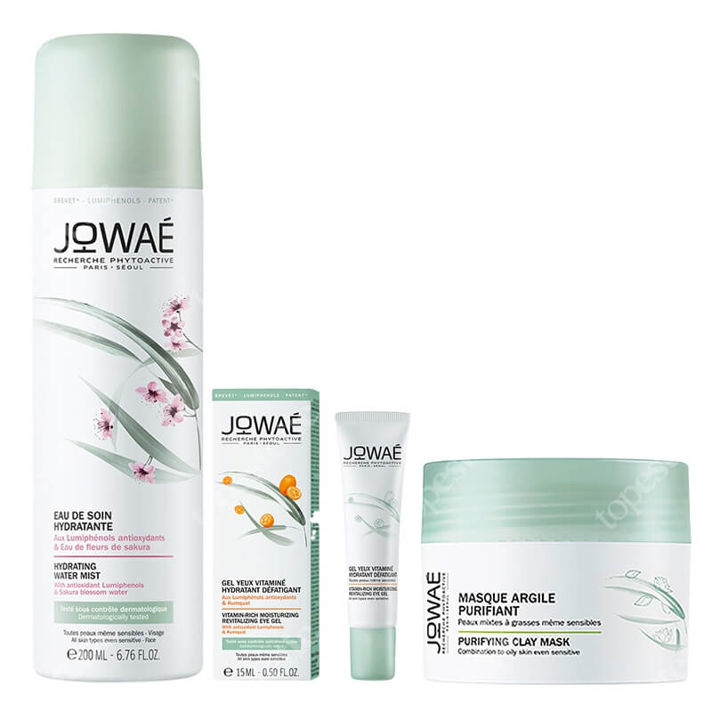 Jowae Perfect Start ZESTAW Oczyszczająca maska z glinką 50 ml + Woda nawilżająca w sprayu 200 ml + Witaminowy żel pod oczy 15 ml