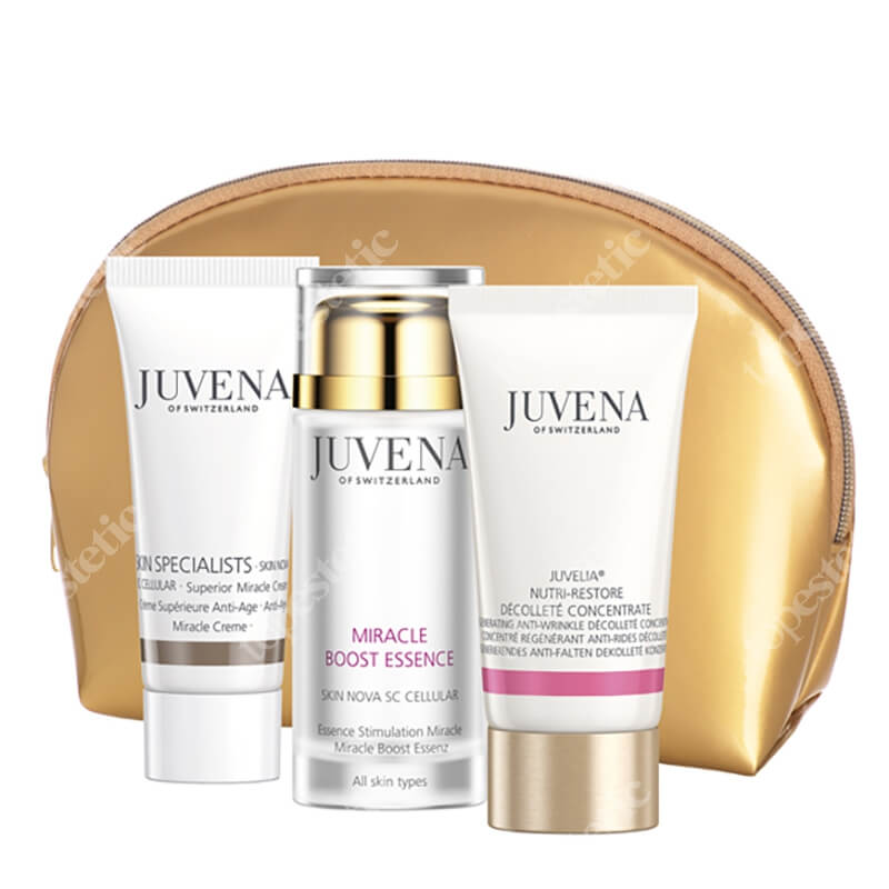 Juvena Miracle Decollete Set ZESTAW Krem przeciwstarzeniowy 25 ml + Esencja aktywująca 30 ml + Koncentrat odżywczy na dekolt 50+ 25 ml + Kosmetyczka 1 szt.