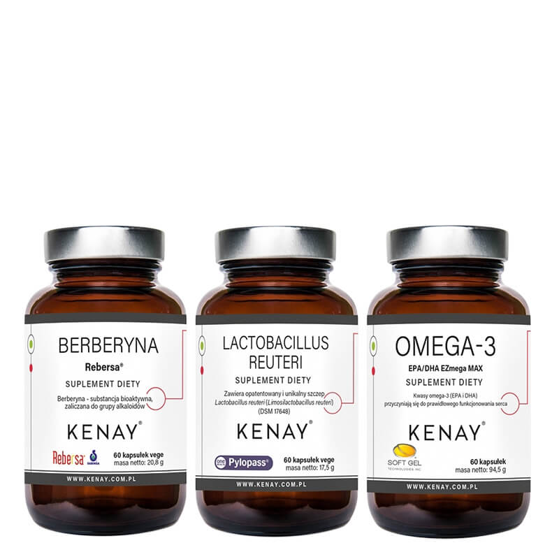 Kenay Wsparcie Układu Trawiennego i Metabolizmu ZESTAW Berberyna Rebersa 60 kaps + Lactobacillus Reuteri 60 kaps + Omega-3 60 kaps