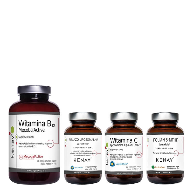 Kenay Wsparcie Układu Nerwowego i Krwionośnego ZESTAW Folian 60 kaps + Żelazo 60 kaps + Metylokobalamina 300 kaps + Witamina C 60 kaps