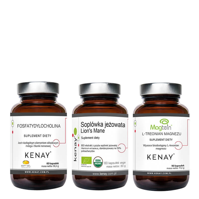 Kenay Wsparcie Mózgu, Układu Nerwowego i Funkcji Poznawczych ZESTAW Fosfatydylocholina 60 kaps + Soplówka jeżowata 60 kaps + L-treonian magnezu 90 kaps