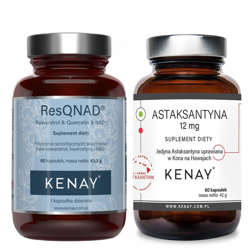 Kenay ResQNAD Resveratrol And Quercetin And NAD+ + Astaksantyna 12 mg ZESTAW Resweratrol, kwercetyna i NAD+ 60 kapsułek + Astaksantyna 60 kapsułek