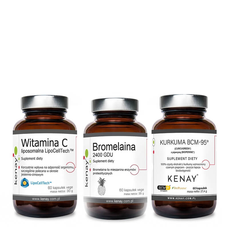 Kenay Trawienie i Regeneracja ZESTAW Bromelaina 60 kaps + Witamina C 60 kaps + Kurkuma z piperyną 60 kaps