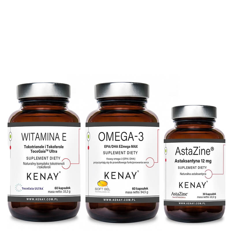 Kenay Wsparcie Antyoksydacyjne ZESTAW Astaksantyna 12 mg 30 kaps + Witamina E 60 kaps + Omega-3 EPA/DHA 60 kaps